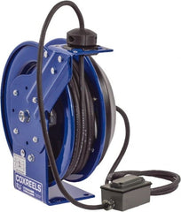 CoxReels - 12 AWG, 75' Cable Length, Cord & Cable Reel with Duplex GFCI Outlet Box End - 2 Outlets, NEMA 5-20R, 20 Amps, 115 Volts, SJO Cable, Blue Reel, Spring Driven Reel - Exact Tooling