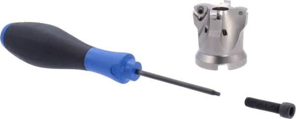 Seco - 4 Inserts, 1" Cutter Diam, 0.06" Max Depth of Cut, Indexable High-Feed Face Mill - 1/2" Arbor Hole Diam, 0.03" Keyway Width, 1.6" High, R220.21 Toolholder, 218.19-125.. Inserts, Series R220.21 - Exact Tooling