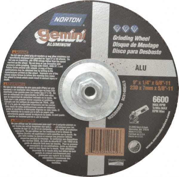 Norton - 24 Grit, 9" Wheel Diam, 1/4" Wheel Thickness, Type 27 Depressed Center Wheel - Aluminum Oxide, 6,600 Max RPM, Compatible with Angle Grinder - Exact Tooling