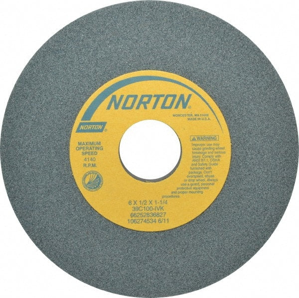 Norton - 6" Diam x 1-1/4" Hole x 1/2" Thick, I Hardness, 100 Grit Surface Grinding Wheel - Silicon Carbide, Type 1, Fine Grade, 4,140 Max RPM, Vitrified Bond, No Recess - Exact Tooling