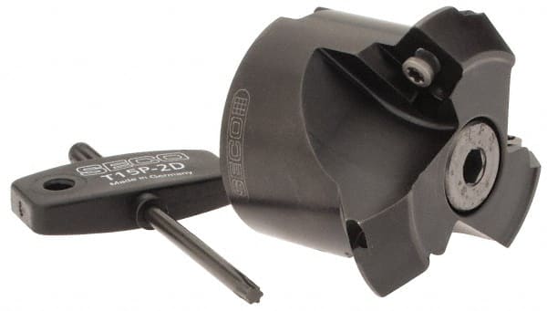 Seco - 2.05" Cut Diam, 3/4" Arbor Hole, 0.28" Max Depth of Cut, 45° Indexable Chamfer & Angle Face Mill - 3 Inserts, SPMX 12T3 Insert, Right Hand Cut, 3 Flutes, Series R220.69 - Exact Tooling