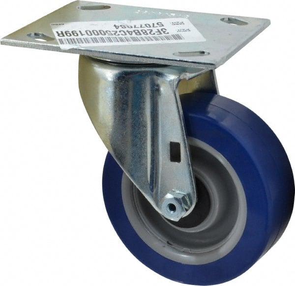 E.R. Wagner - 4" Diam x 1-1/2" Wide x 5-3/8" OAH Top Plate Mount Swivel Caster - Polyurethane, 375 Lb Capacity, Roller Bearing, 3-3/4 x 4-5/8" Plate - Exact Tooling