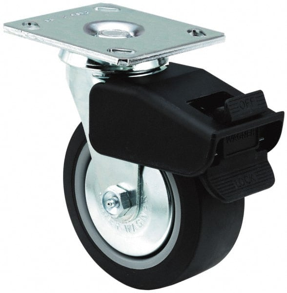 E.R. Wagner - 5" Diam x 2" Wide x 6-1/2" OAH Top Plate Mount Swivel Caster with Brake - Polypropylene, 650 Lb Capacity, Roller Bearing, 4 x 4-1/2" Plate - Exact Tooling