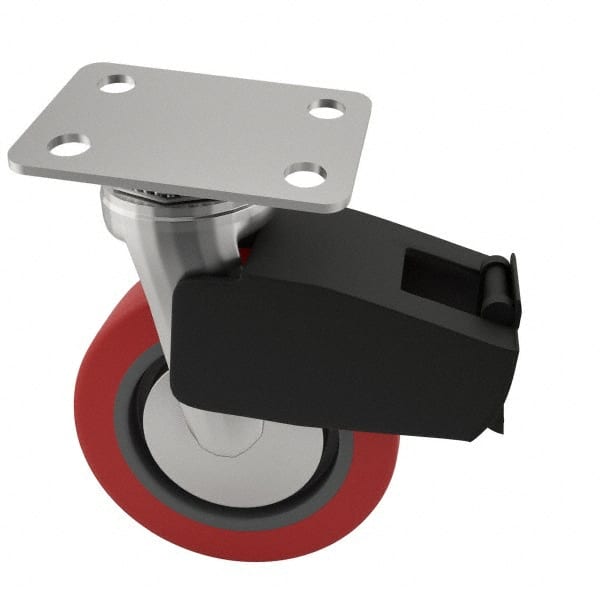 E.R. Wagner - 4" Diam x 2" Wide x 5-5/8" OAH Top Plate Mount Swivel Caster with Brake - Polyurethane, 600 Lb Capacity, Roller Bearing, 2-3/4 x 3-3/4" Plate - Exact Tooling