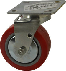 E.R. Wagner - 5" Diam x 2" Wide x 6-1/2" OAH Top Plate Mount Swivel Caster - Polyurethane, 650 Lb Capacity, Roller Bearing, 4 x 4-1/2" Plate - Exact Tooling