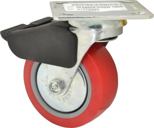 E.R. Wagner - 5" Diam x 2" Wide x 6-1/2" OAH Top Plate Mount Swivel Caster with Brake - Polyurethane, 650 Lb Capacity, Roller Bearing, 4 x 4-1/2" Plate - Exact Tooling