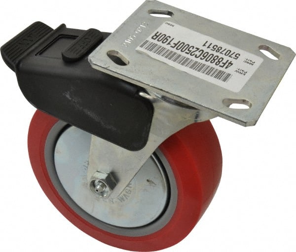 E.R. Wagner - 6" Diam x 2" Wide x 7-1/2" OAH Top Plate Mount Swivel Caster with Brake - Polyurethane, 700 Lb Capacity, Roller Bearing, 4 x 4-1/2" Plate - Exact Tooling