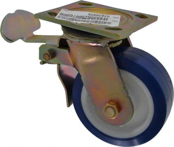 E.R. Wagner - 5" Diam x 2" Wide x 6-1/2" OAH Top Plate Mount Swivel Caster with Brake - Polyurethane, 750 Lb Capacity, Delrin Bearing, 4 x 4-1/2" Plate - Exact Tooling