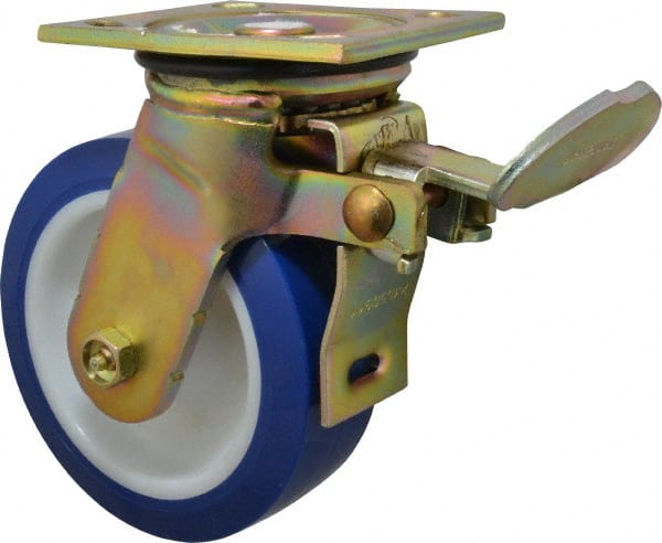E.R. Wagner - 6" Diam x 2" Wide x 7-1/2" OAH Top Plate Mount Swivel Caster with Brake - Polyurethane, 900 Lb Capacity, Delrin Bearing, 4 x 4-1/2" Plate - Exact Tooling