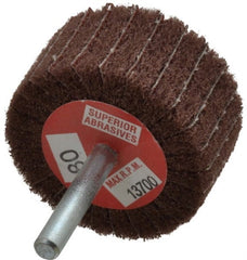 Superior Abrasives - 2" Diam x 1" Face Width, Medium Aluminum Oxide Coated Mounted Flap Wheel - 1/4" Shank Mount, 80 Grit, Interleaf, 12,000 Max RPM - Exact Tooling