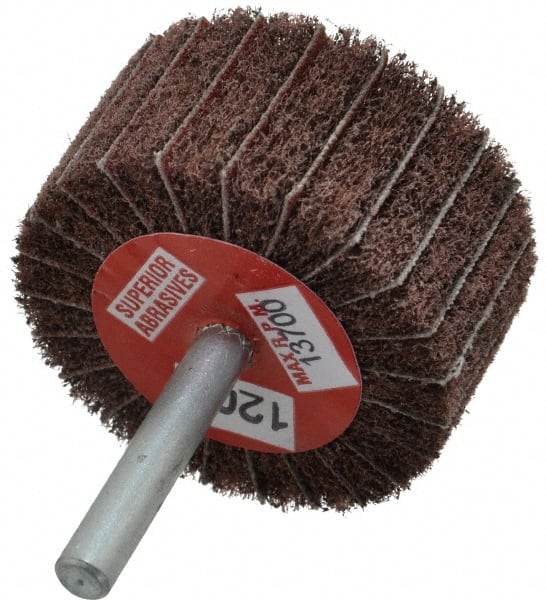 Superior Abrasives - 2" Diam x 1" Face Width, Fine Aluminum Oxide Coated Mounted Flap Wheel - 1/4" Shank Mount, 120 Grit, Interleaf, 12,000 Max RPM - Exact Tooling