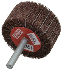 Superior Abrasives - 2" Diam x 1" Face Width, Fine Aluminum Oxide Coated Mounted Flap Wheel - 1/4" Shank Mount, 120 Grit, Interleaf, 12,000 Max RPM - Exact Tooling