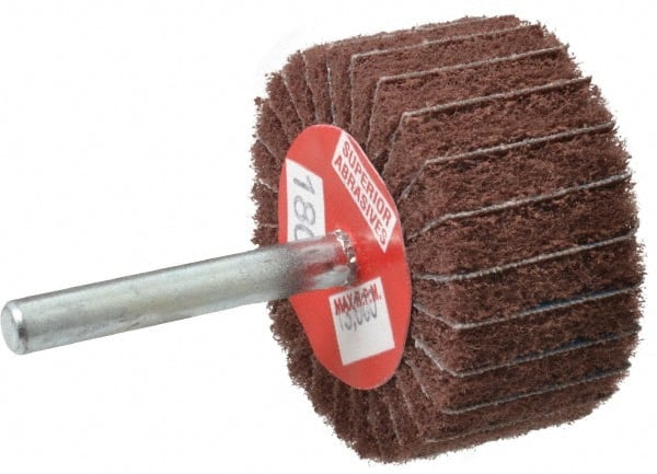 Superior Abrasives - 2" Diam x 1" Face Width, Very Fine Aluminum Oxide Coated Mounted Flap Wheel - 1/4" Shank Mount, 180 Grit, Interleaf, 12,000 Max RPM - Exact Tooling