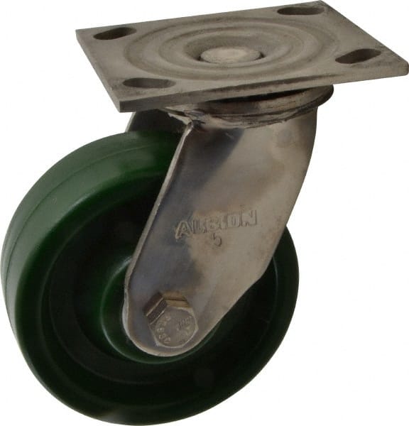 Albion - 5" Diam x 2" Wide x 6-1/2" OAH Top Plate Mount Swivel Caster - Polyurethane, 1,000 Lb Capacity, Delrin Bearing, 4 x 4-1/2" Plate - Exact Tooling