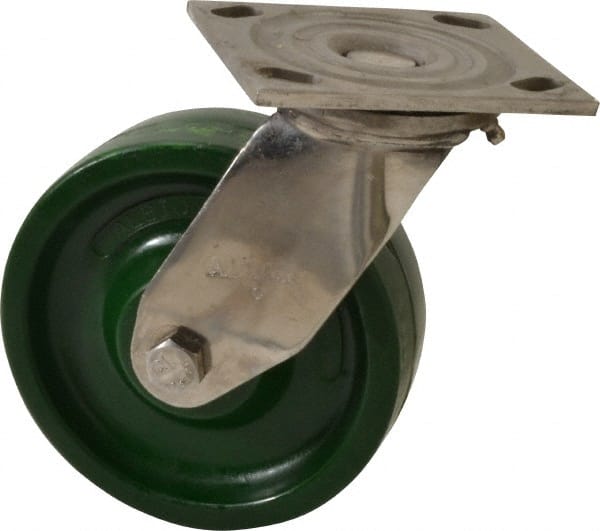 Albion - 6" Diam x 2" Wide x 7-1/2" OAH Top Plate Mount Swivel Caster - Polyurethane, 1,000 Lb Capacity, Delrin Bearing, 4 x 4-1/2" Plate - Exact Tooling