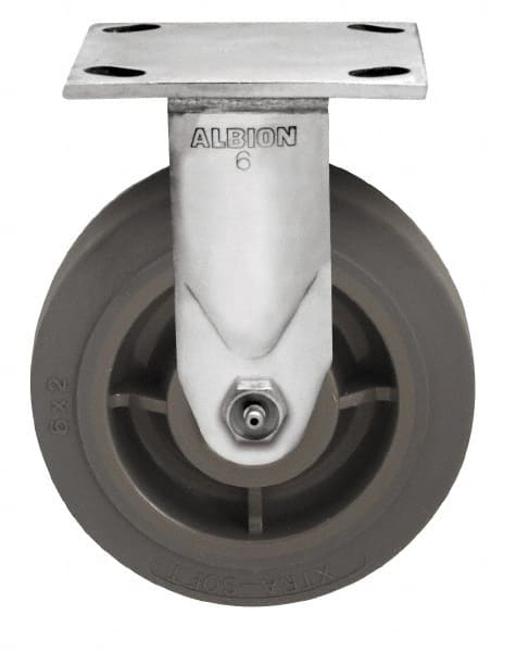 Albion - 8" Diam x 2" Wide x 9-1/2" OAH Top Plate Mount Rigid Caster - Soft Rubber, 500 Lb Capacity, Delrin Bearing, 4 x 4-1/2" Plate - Exact Tooling