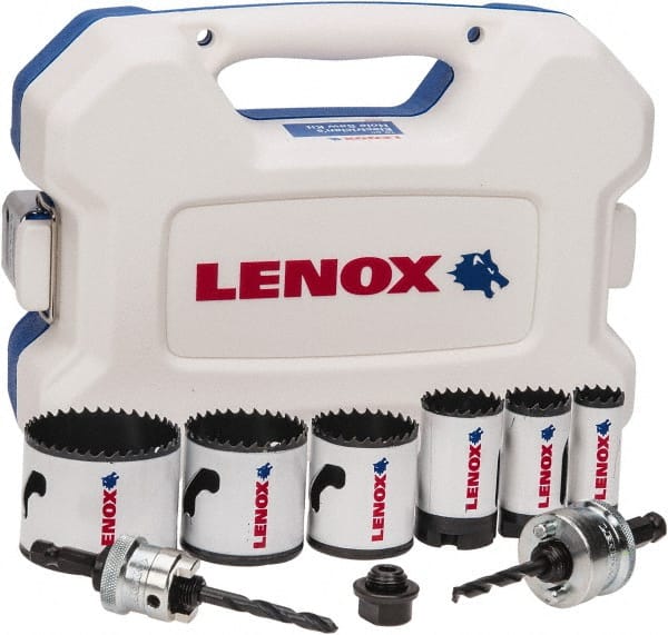 Lenox - 9 Piece, 7/8" to 2-1/4" Saw Diam, Electrician's Hole Saw Kit - Bi-Metal, Toothed Edge, Includes 6 Hole Saws - Exact Tooling