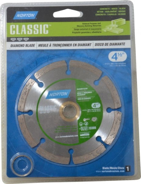 Norton - 4-1/2" Diam, 5/8 & 7/8" Arbor Hole Diam, Wet & Dry Cut Saw Blade - Diamond-Tipped, Standard Round Arbor - Exact Tooling