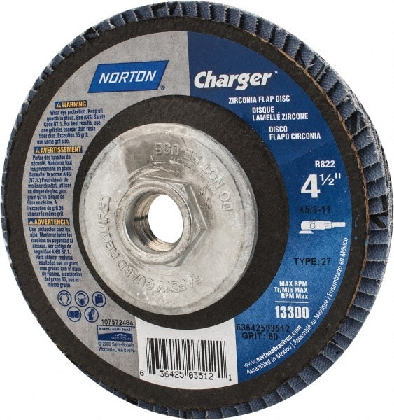 Norton - 60 Grit, 4-1/2" Disc Diam, 5/8-11 Center Hole, Type 27 Zirconia Alumina Flap Disc - 13,000 Max RPM, Fiberglass Backing, Arbor Attaching System, Coated - Exact Tooling