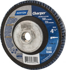 Norton - 60 Grit, 4-1/2" Disc Diam, 5/8-11 Center Hole, Type 27 Zirconia Alumina Flap Disc - 13,000 Max RPM, Fiberglass Backing, Arbor Attaching System, Coated - Exact Tooling