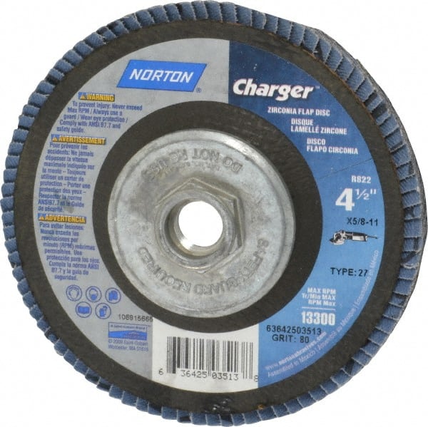 Norton - 60 Grit, 4-1/2" Disc Diam, 7/8" Center Hole, Type 27 Zirconia Alumina Flap Disc - 13,000 Max RPM, Fiberglass Backing, Arbor Attaching System, Coated - Exact Tooling
