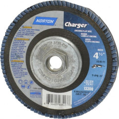 Norton - 40 Grit, 7" Disc Diam, 5/8-11 Center Hole, Type 27 Zirconia Alumina Flap Disc - 8,600 Max RPM, Fiberglass Backing, Arbor Attaching System, Coated - Exact Tooling