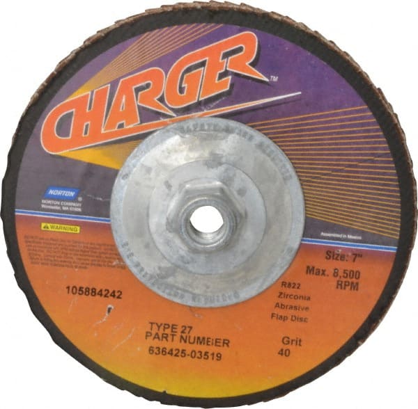 Norton - 40 Grit, 7" Disc Diam, 5/8-11 Center Hole, Type 27 Zirconia Alumina Flap Disc - 8,600 Max RPM, Fiberglass Backing, Coated - Exact Tooling