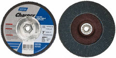 Norton - 60 Grit, 7" Disc Diam, 5/8-11 Center Hole, Type 27 Zirconia Alumina Flap Disc - 8,600 Max RPM, Fiberglass Backing, Coated - Exact Tooling