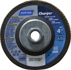 Norton - 60 Grit, 4-1/2" Disc Diam, 5/8-11 Center Hole, Type 29 Zirconia Alumina Flap Disc - 13,000 Max RPM, Fiberglass Backing, Arbor Attaching System, Coated - Exact Tooling
