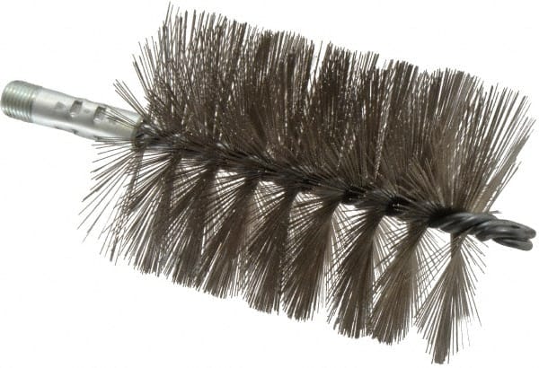 Schaefer Brush - 4-1/2" Brush Length, 3-1/2" Diam, Double Stem, Single Spiral Tube Brush - 7-1/4" Long, Stainless Steel, 1/4" NPSM Male Connection - Exact Tooling