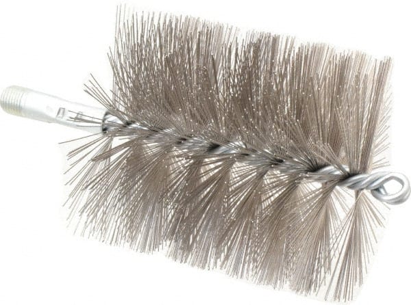 Schaefer Brush - 4-1/2" Brush Length, 4" Diam, Double Stem, Double Spiral Tube Brush - 7-1/4" Long, Stainless Steel, 1/4" NPSM Male Connection - Exact Tooling