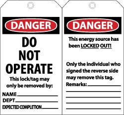 NMC - 3" High x 6" Long, DANGER - DO NOT OPERATE - THIS LOCK/TAG MAY ONLY BE REMOVED BY: NAME___ DEPT___ EXPECTED COMPLETION___, English Safety & Facility Lockout Tag - Tag Header: Danger, 2 Sides, Black, Red & White Unrippable Vinyl - Exact Tooling