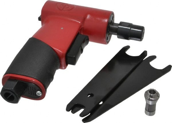 Chicago Pneumatic - 1/4" Collet, Angle Handle, Angle Air Die Grinder - 17,000 RPM, Rear Exhaust, 15.89 CFM, 0.2 hp, 6.21 bar, 1/4 NPT - Exact Tooling