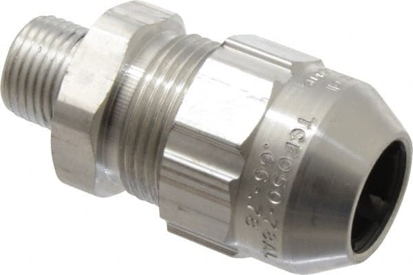 Thomas & Betts - 0.66 to 0.78" Cable Capacity, Class 1, Gas & Vapor Environments, Straight Strain Relief Cord Grip - 1/2 NPT Thread, Aluminum - Exact Tooling