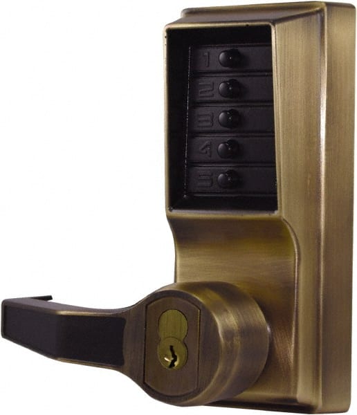 Kaba Access - Pushbutton Lock with Interchangeable Core Lever Lockset for 1-3/8 to 2-1/4" Thick Doors - 2-3/4" Back Set, 6 or 7 Pin Length Best & Compatible (Core Not Included) Cylinder, Antique Brass Finish - Exact Tooling