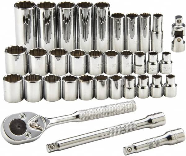 Proto - 34 Piece 3/8" Drive Standard Deep Socket Set - 12 Points, 7/8 to 7/8", 8 to 19mm, Inch/Metric Measurement Standard - Exact Tooling
