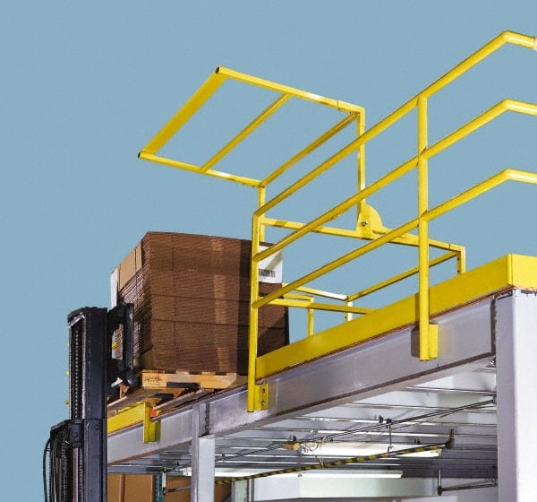 FabEnCo - Powder Coated Carbon Steel Rail Safety Gate - Fits 64W x 42H" Clear Opening, 1-1/2" Wide x 80" Door Height, 190 Lb, Yellow - Exact Tooling