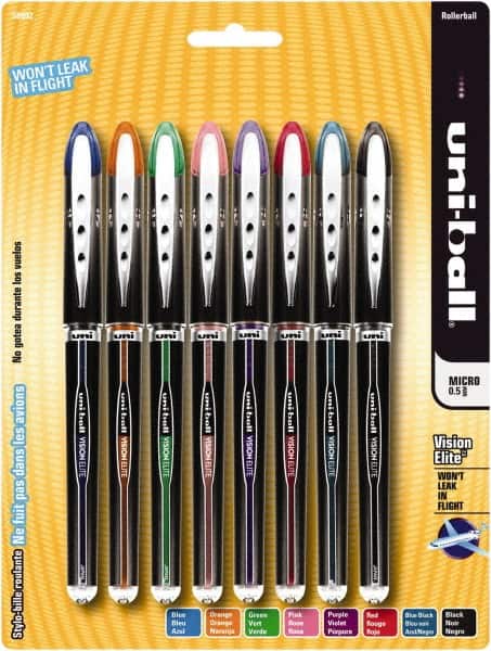 Uni-Ball - Roller Ball 0.8mm Stick Pen - Black, Blue, Black, Blue, Green, Orange, Pink, Purple & Red - Exact Tooling