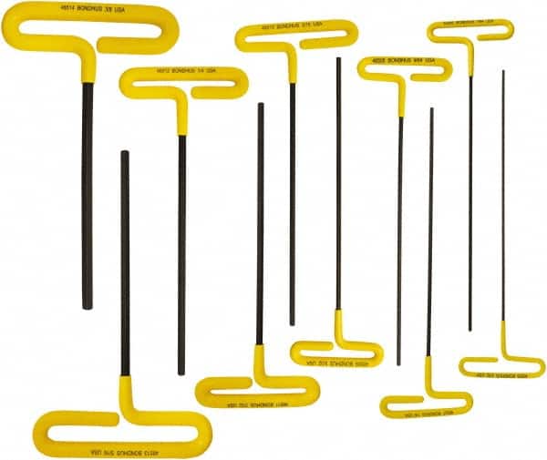 Bondhus - 10 Piece T-Handle Cushion Grip Hex Key Set - Hex Range 3/32 to 3/8" - Exact Tooling