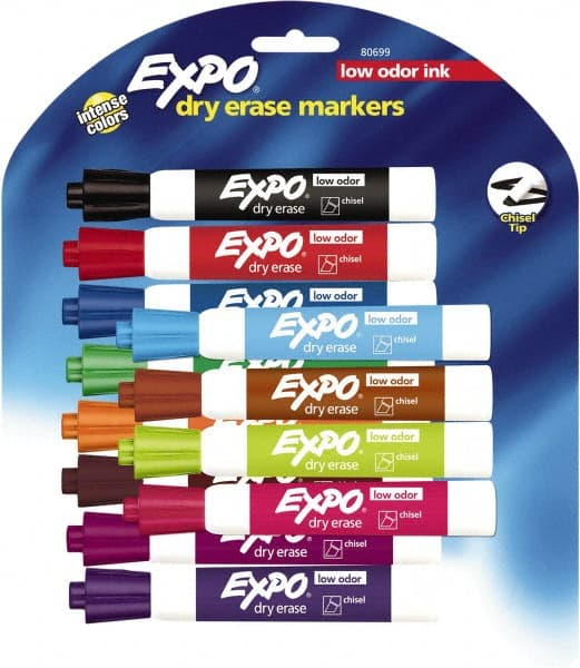 Expo - Aqua, Black, Blue, Brown, Green, Lime, Orange, Pink, Plum, Pumpkin, Purple & Red Low Odor Chisel Tip 12 Pack Dry Erase Markers - For Use with Dry Erase Marker Boards - Exact Tooling