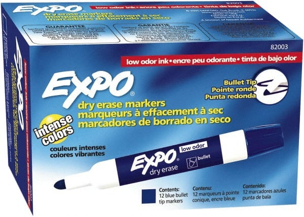 Expo - Blue Low Odor Bullet Tip 12 Pack Dry Erase Markers - For Use with Dry Erase Marker Boards - Exact Tooling