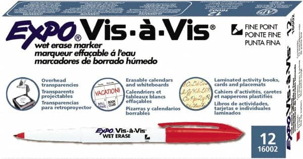 Expo - Red Fine Tip 12 Pack Wet Erase Markers - For Use with Dry Erase Marker Boards - Exact Tooling