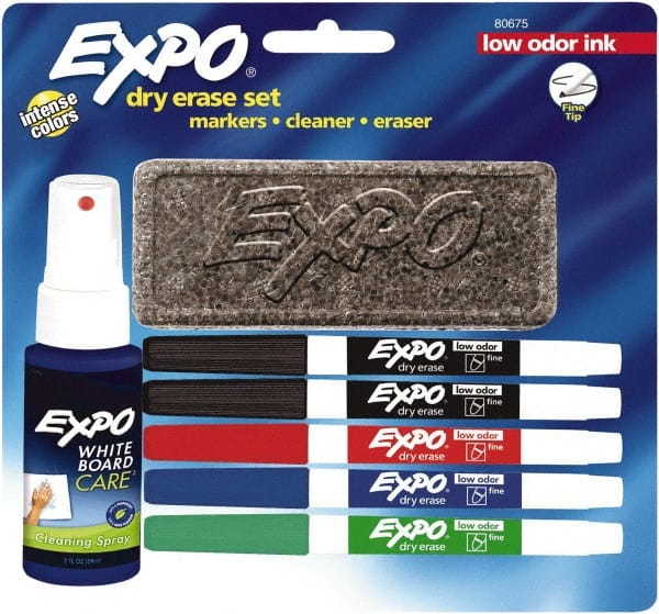 Expo - Red, Blue, Green & 2 Black Low Odor Fine Tip 5 Pack Dry Erase Markers - Includes 3 oz Cleaning Fluid & Eraser, For Use with Dry Erase Marker Boards - Exact Tooling