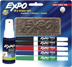 Expo - Red, Blue, Green & 2 Black Low Odor Fine Tip 5 Pack Dry Erase Markers - Includes 3 oz Cleaning Fluid & Eraser, For Use with Dry Erase Marker Boards - Exact Tooling
