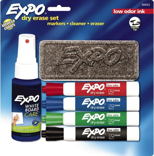Expo - Red, Blue, Green & Black Low Odor 4 Pack Chisel Tip Dry Erase Markers - Includes Eraser & 3 oz Cleaning Fluid, For Use with Dry Erase Marker Boards - Exact Tooling