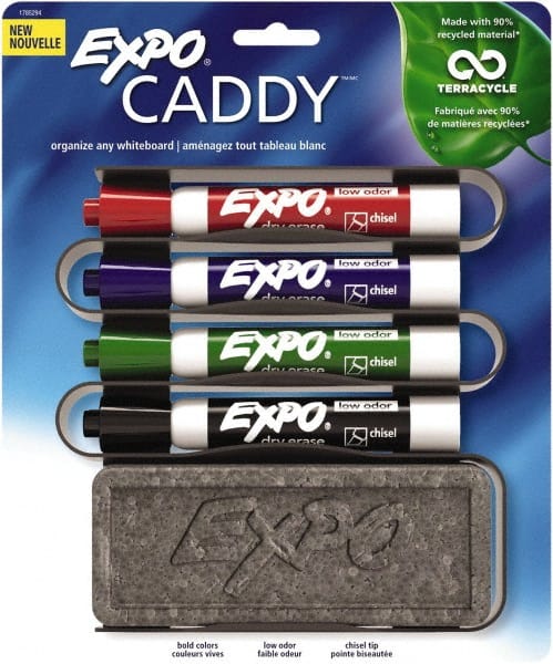 Expo - Red, Black, Blue & Green Low Odor Chisel Tip Markers 4 Pack Dry Erase Markers - Includes Eraser & Caddy Organizer, For Use with Dry Erase Marker Boards - Exact Tooling