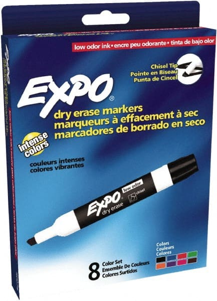 Expo - Black, Blue, Brown, Green, Orange, Pink, Purple & Red Low Odor Chisel Tip 8 Pack Dry Erase Markers - For Use with Dry Erase Marker Boards - Exact Tooling