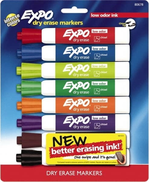 Expo - Black, Blue, Brown, Green, Orange, Pink, Purple & Red Low Odor Chisel Tip 8 Pack Dry Erase Markers - For Use with Dry Erase Marker Boards - Exact Tooling