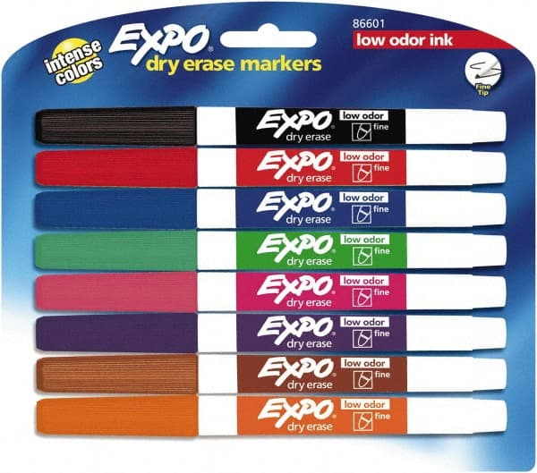 Expo - Black, Blue, Brown, Green, Orange, Pink, Purple & Red Low Odor Fine Tip 8 Pack Dry Erase Markers - For Use with Dry Erase Marker Boards - Exact Tooling