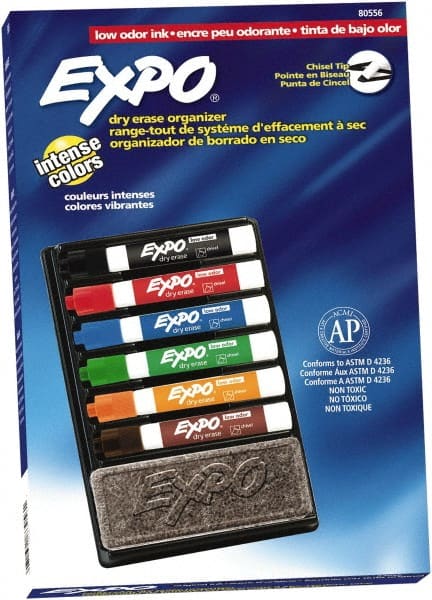 Expo - Black, Blue, Brown, Green, Orange, & Red Low Odor Chisel Tip Markers 6 Pack Dry Erase Markers - Includes Eraser & Organizer, For Use with Dry Erase Marker Boards - Exact Tooling